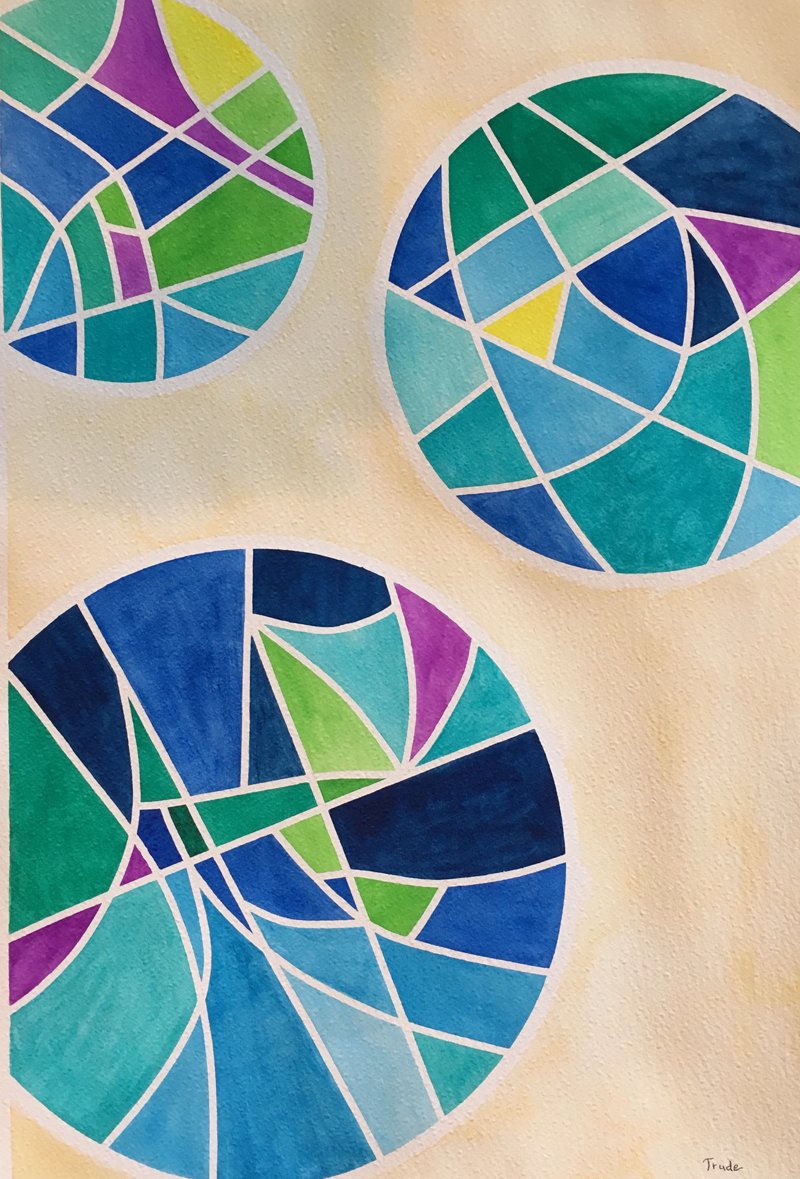 Three stained-glass circles in blues, greens and purples on a warm cream ground